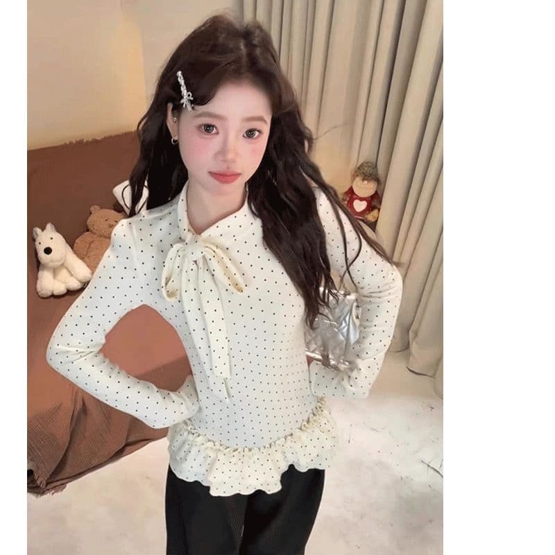 2026 봄 한 부서 스트랩 나비 매듭 프릴 도트 무늬 기본 셔츠 여성 가을 겨울 인사이드 가져 가라. 몸매 가꾸기 슬림해 보이는 맨위 상세 이미지 3