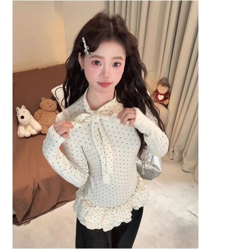 2026 봄 한 부서 스트랩 나비 매듭 프릴 도트 무늬 기본 셔츠 여성 가을 겨울 인사이드 가져 가라. 몸매 가꾸기 슬림해 보이는 맨위 상세 이미지 4