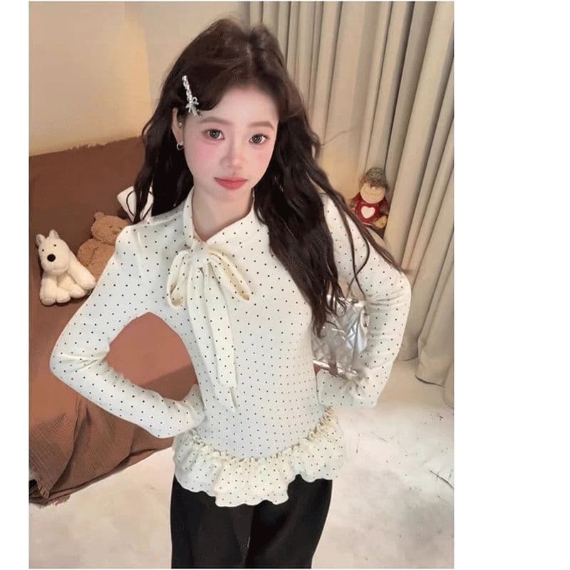 2026 봄 한 부서 스트랩 나비 매듭 프릴 도트 무늬 기본 셔츠 여성 가을 겨울 인사이드 가져 가라. 몸매 가꾸기 슬림해 보이는 맨위 상세 이미지 5