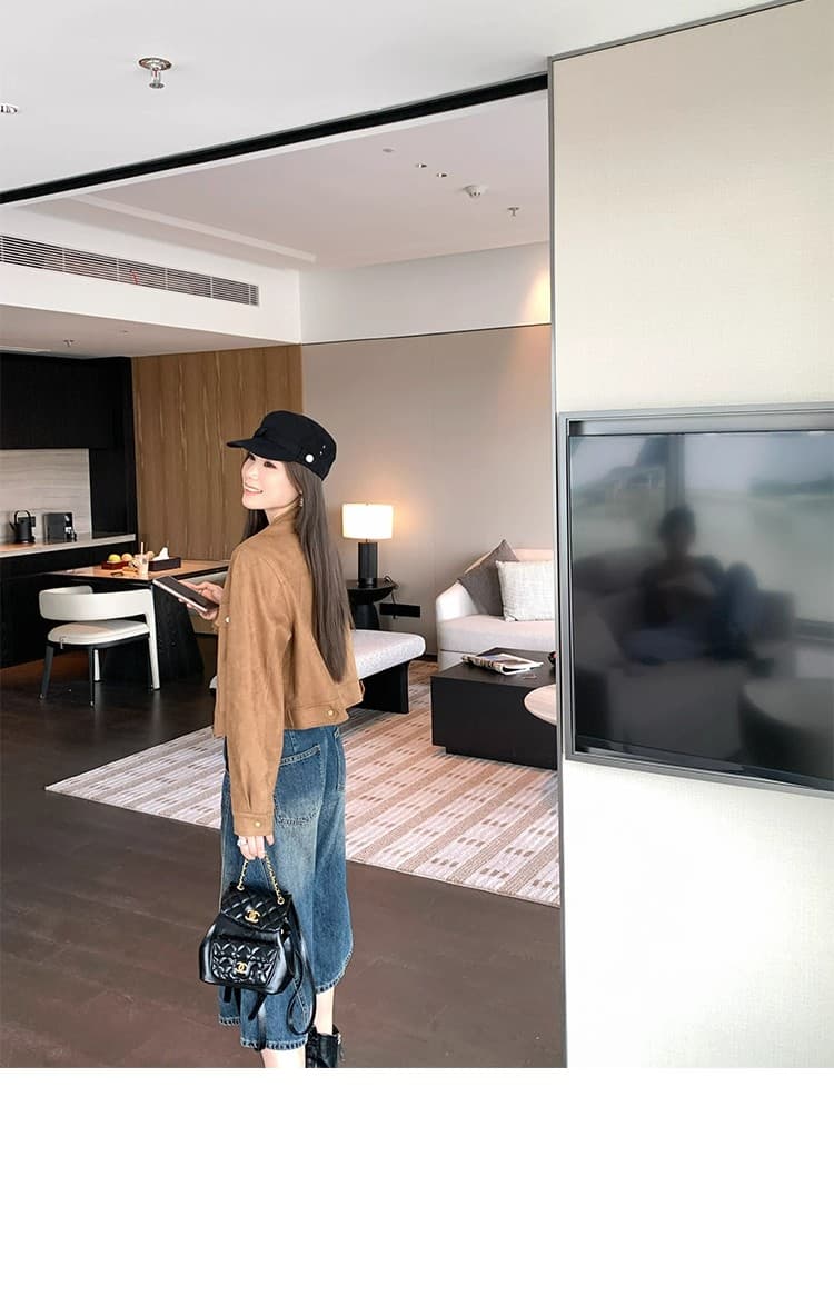 2026 봄 가을 새로운 레트로 루즈핏 스탠드 칼라 가죽 재킷 가죽 자켓 스웨이드 원단 여성 코트 상세 이미지 12