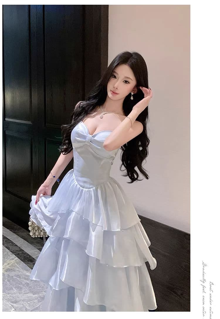 프랑스식 파란색 광택 슬립 케이크 여성 드레스 생일 예복 치마 허리 수축 슬림해 보이는 해변가 휴가 롱 스커트 상세 이미지 8