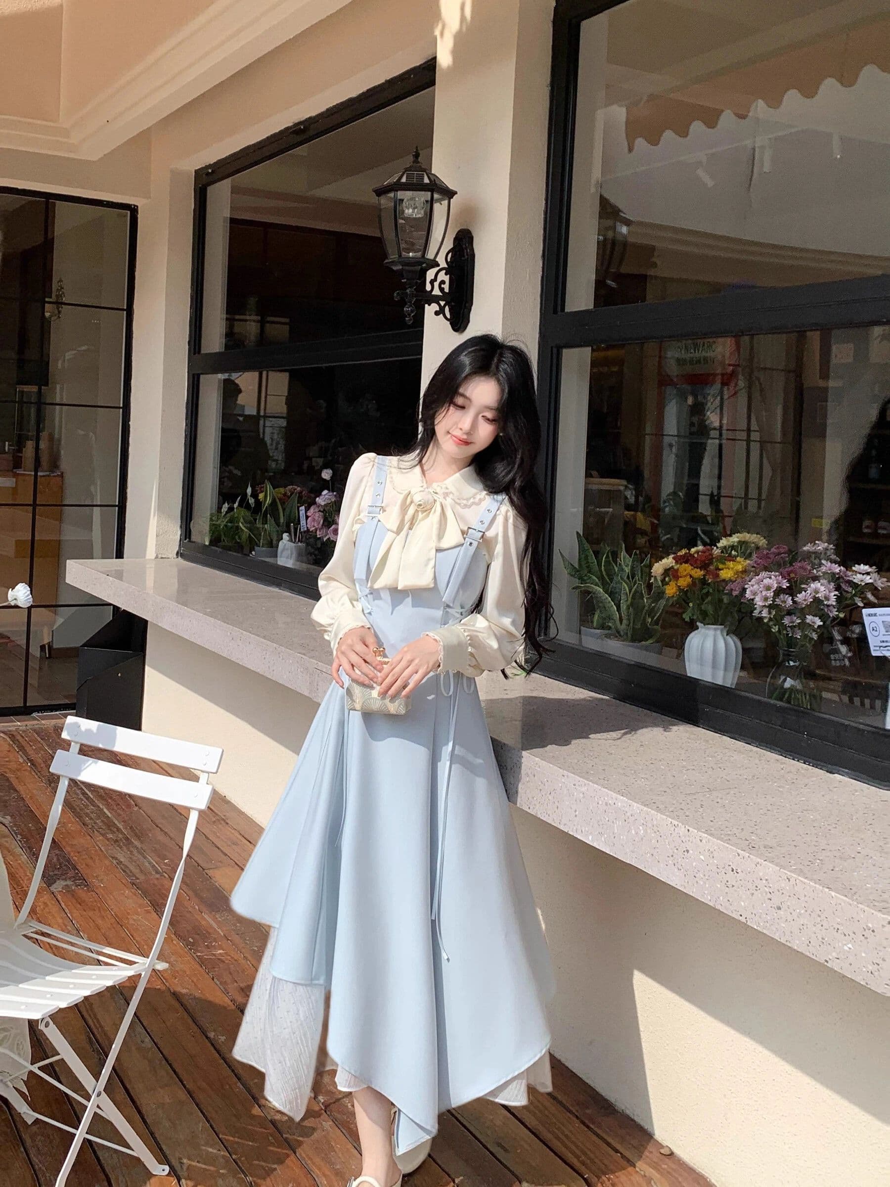 품격 파란색 불규칙 비스듬한 자르다 패치워크 스트랩 허리 수축 멜빵 드레스 패션 다용도 직업 신청 계절 작은 대중 섹션 이미지 2