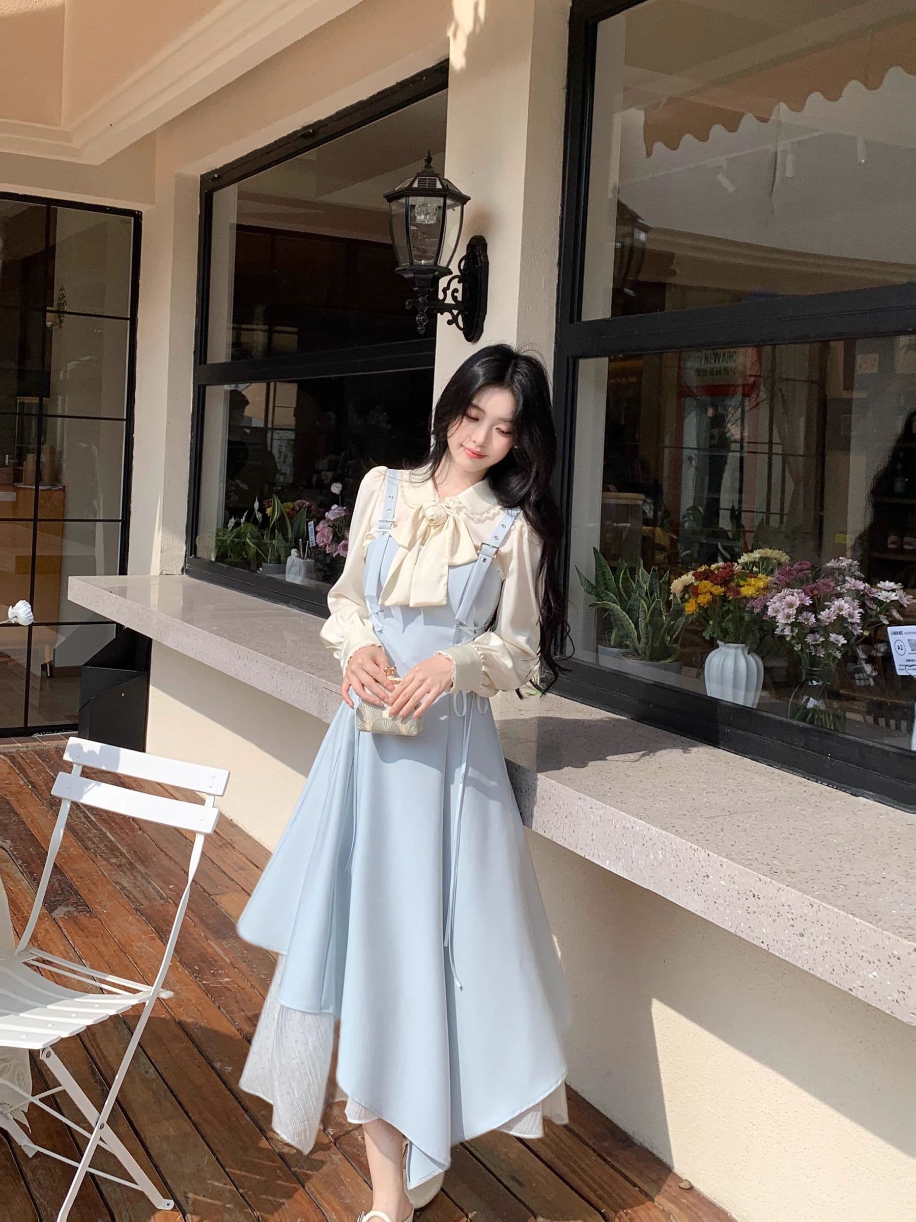 품격 파란색 불규칙 비스듬한 자르다 패치워크 스트랩 허리 수축 멜빵 드레스 패션 다용도 직업 신청 계절 작은 대중 섹션 상세 이미지 6
