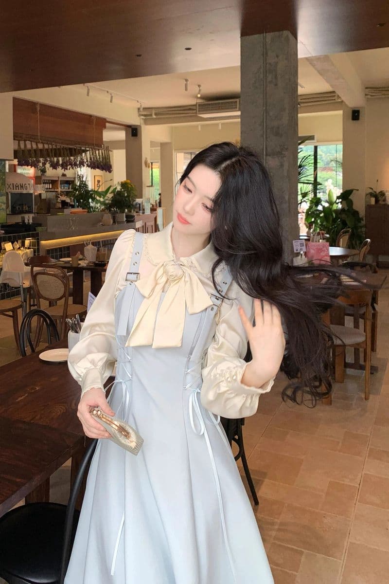 품격 파란색 불규칙 비스듬한 자르다 패치워크 스트랩 허리 수축 멜빵 드레스 패션 다용도 직업 신청 계절 작은 대중 섹션 상세 이미지 7