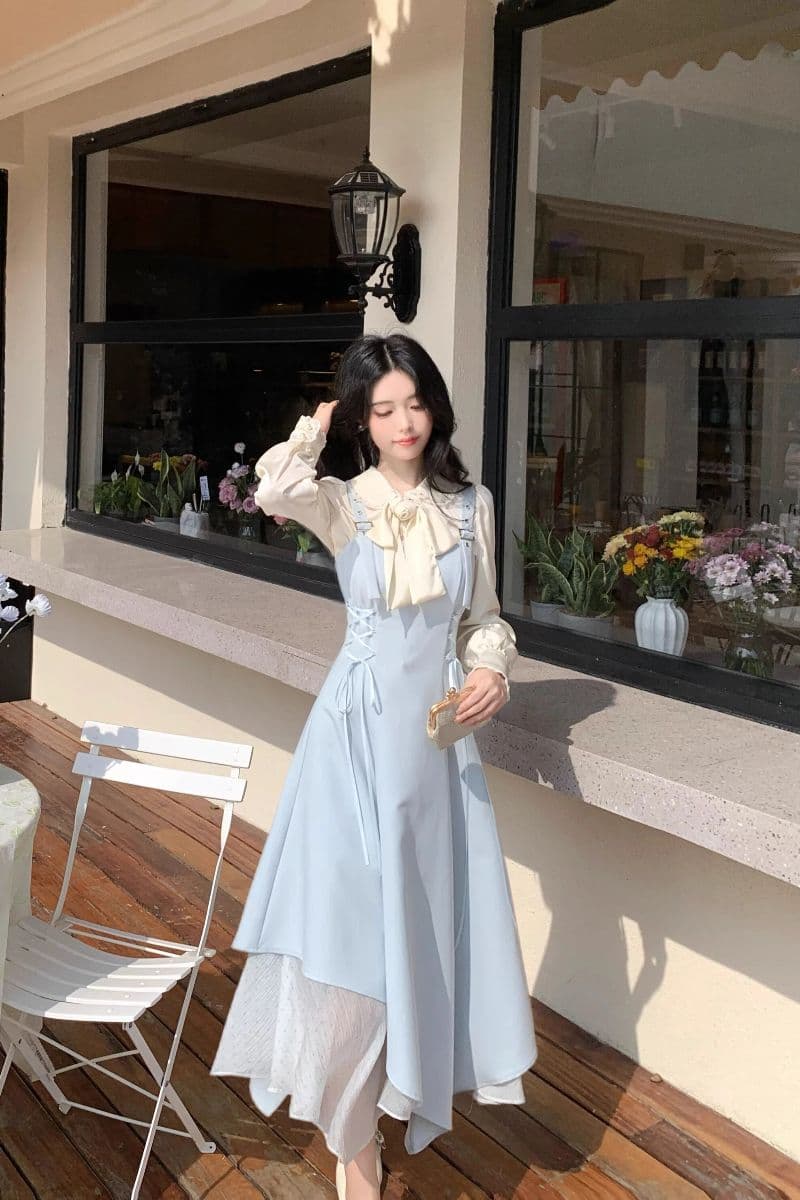 품격 파란색 불규칙 비스듬한 자르다 패치워크 스트랩 허리 수축 멜빵 드레스 패션 다용도 직업 신청 계절 작은 대중 섹션 상세 이미지 11