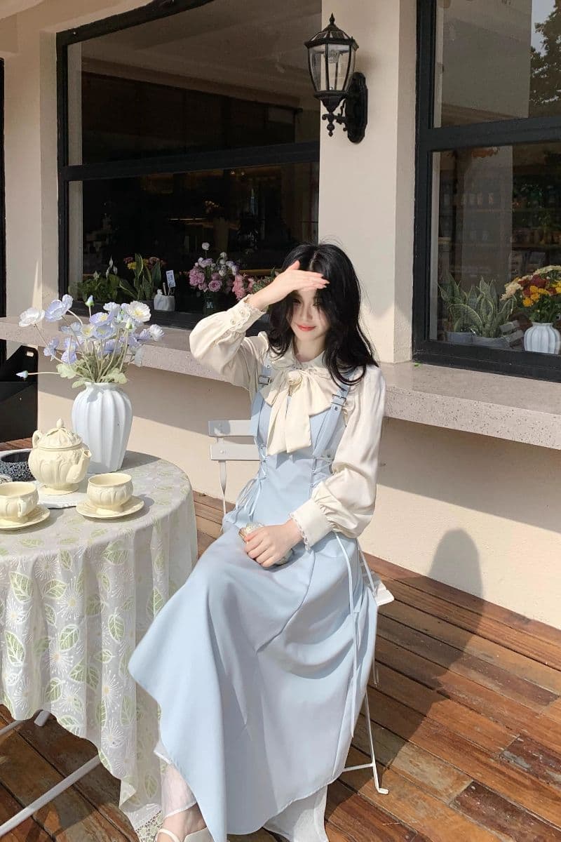 품격 파란색 불규칙 비스듬한 자르다 패치워크 스트랩 허리 수축 멜빵 드레스 패션 다용도 직업 신청 계절 작은 대중 섹션 상세 이미지 17