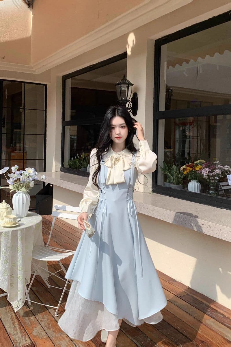 품격 파란색 불규칙 비스듬한 자르다 패치워크 스트랩 허리 수축 멜빵 드레스 패션 다용도 직업 신청 계절 작은 대중 섹션 상세 이미지 18