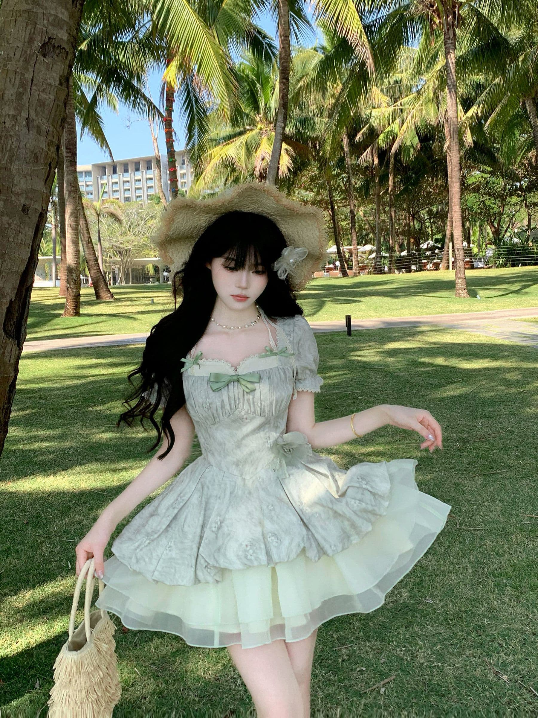 blovelan 녹색 레몬 얼음 코코넛 작은 청신 레이스 거품 소매 자카드 허리 수축 소녀 공주 퍼프 드레스 상세 이미지 7