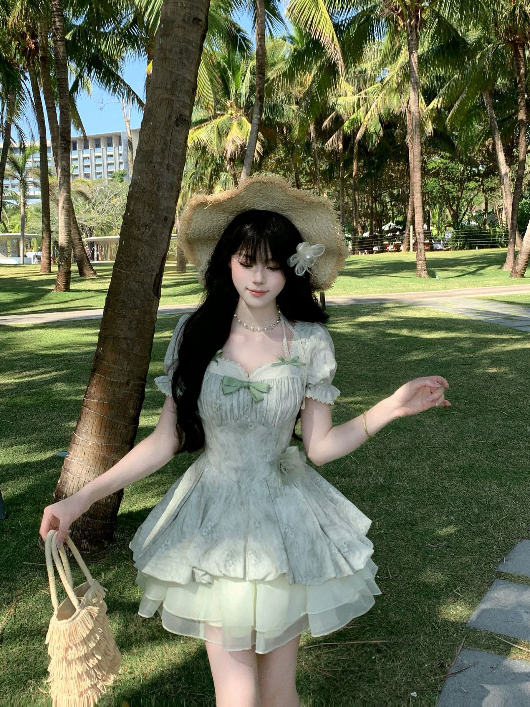 blovelan 녹색 레몬 얼음 코코넛 작은 청신 레이스 거품 소매 자카드 허리 수축 소녀 공주 퍼프 드레스 상세 이미지 10