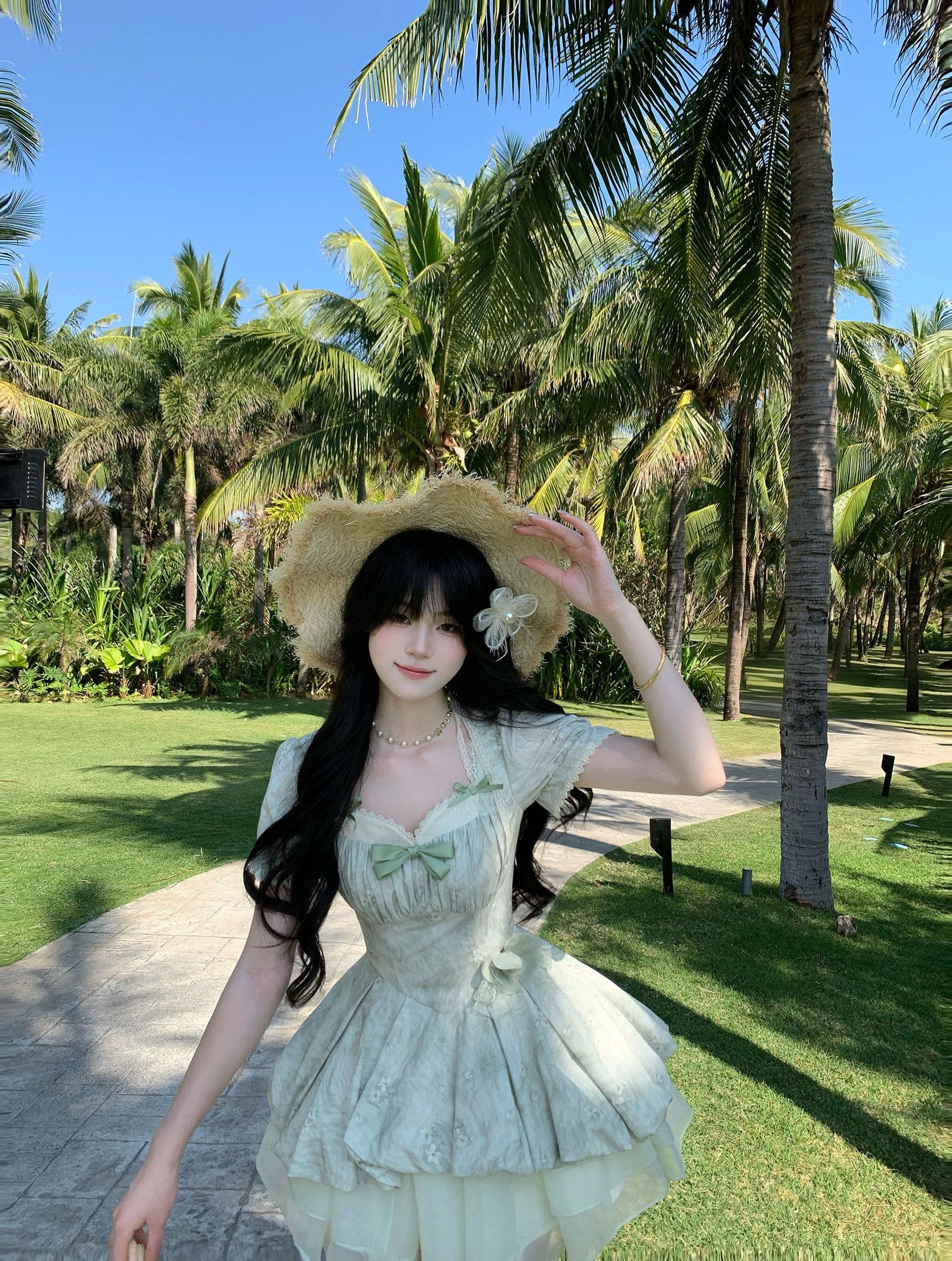 blovelan 녹색 레몬 얼음 코코넛 작은 청신 레이스 거품 소매 자카드 허리 수축 소녀 공주 퍼프 드레스 상세 이미지 12