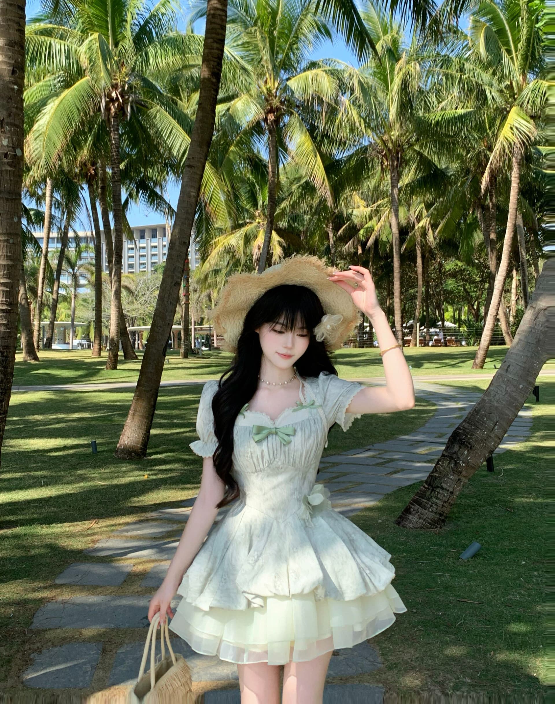 blovelan 녹색 레몬 얼음 코코넛 작은 청신 레이스 거품 소매 자카드 허리 수축 소녀 공주 퍼프 드레스 상세 이미지 13