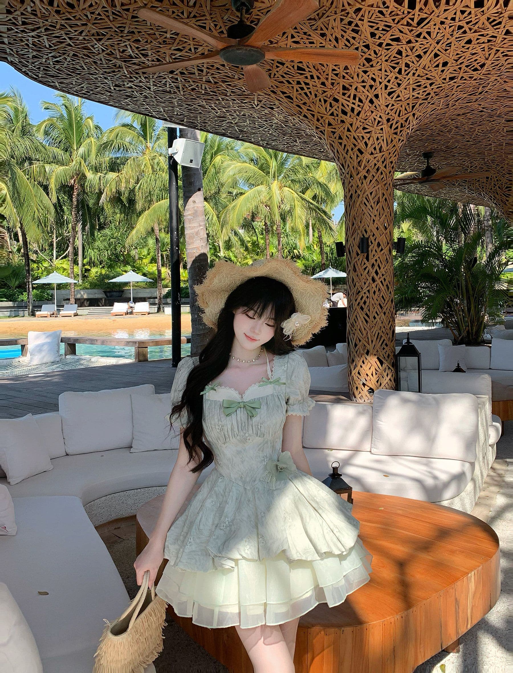 blovelan 녹색 레몬 얼음 코코넛 작은 청신 레이스 거품 소매 자카드 허리 수축 소녀 공주 퍼프 드레스 상세 이미지 14