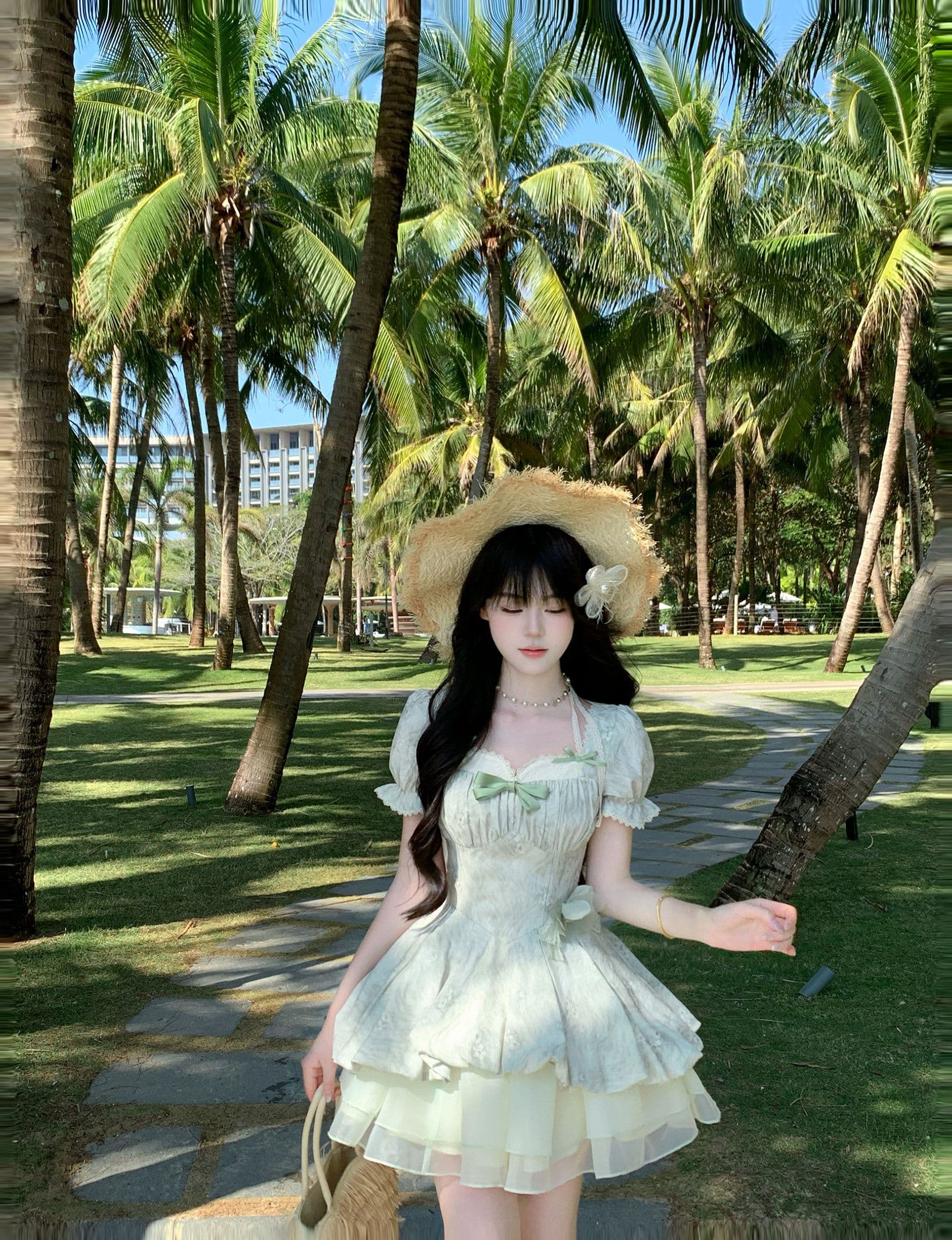 blovelan 녹색 레몬 얼음 코코넛 작은 청신 레이스 거품 소매 자카드 허리 수축 소녀 공주 퍼프 드레스 상세 이미지 16