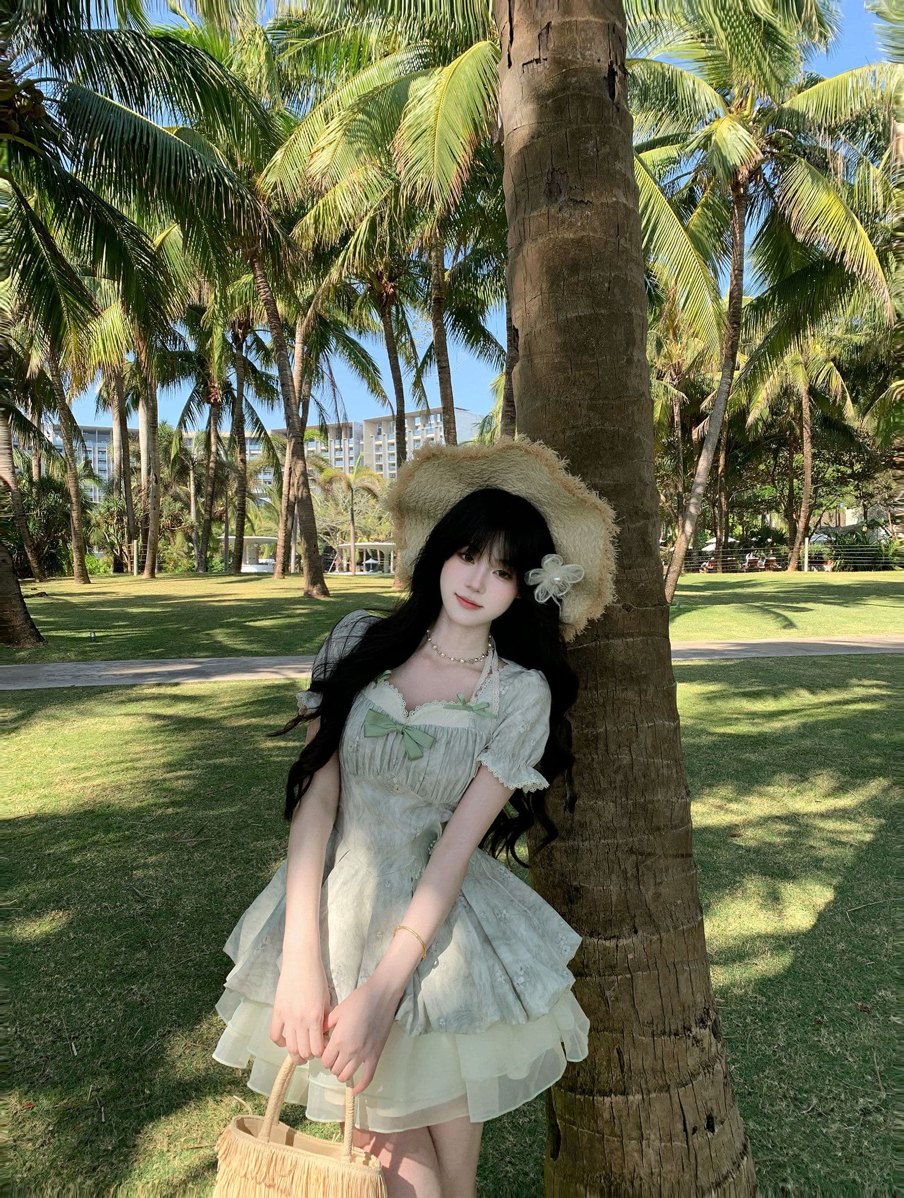 blovelan 녹색 레몬 얼음 코코넛 작은 청신 레이스 거품 소매 자카드 허리 수축 소녀 공주 퍼프 드레스 상세 이미지 17