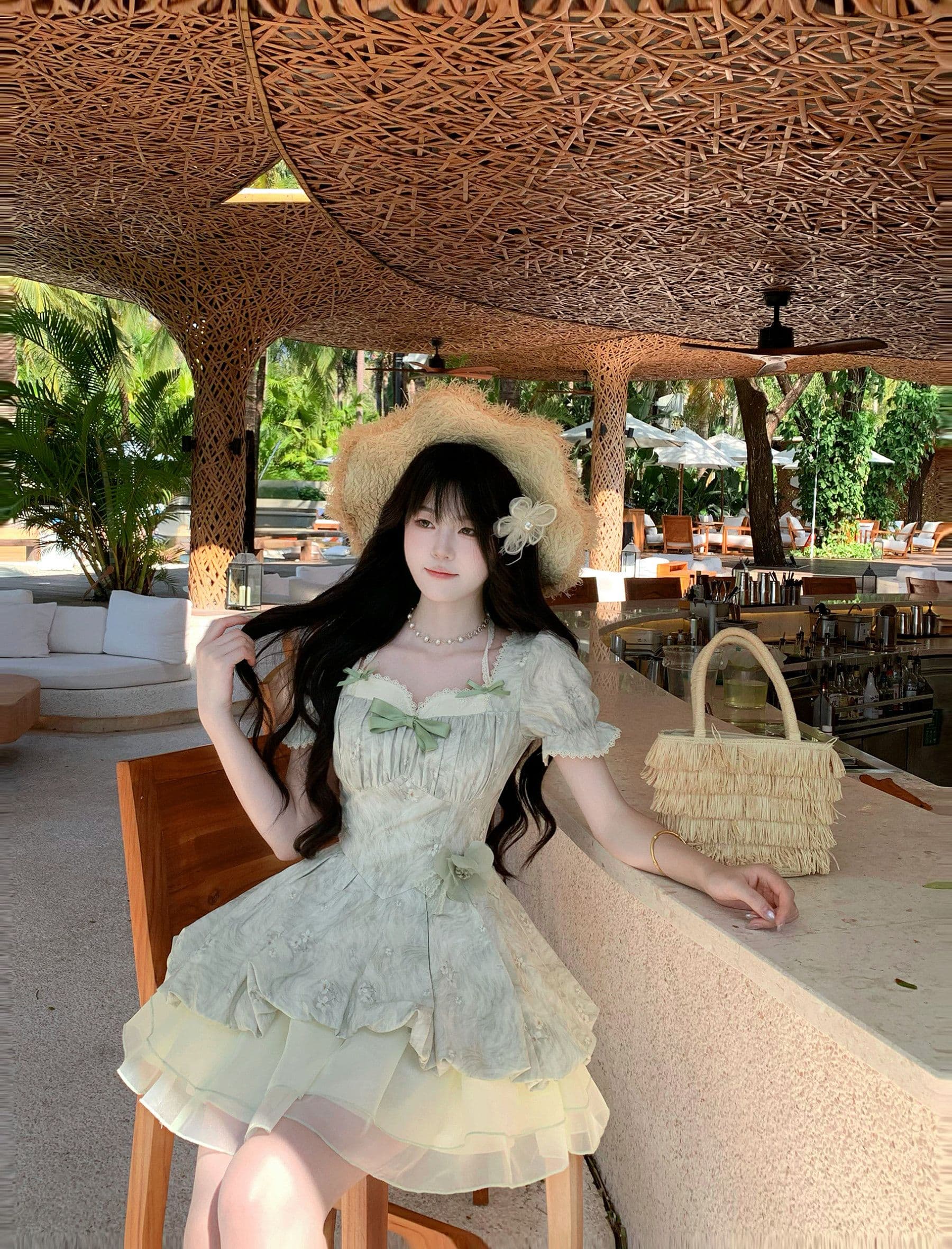 blovelan 녹색 레몬 얼음 코코넛 작은 청신 레이스 거품 소매 자카드 허리 수축 소녀 공주 퍼프 드레스 상세 이미지 23