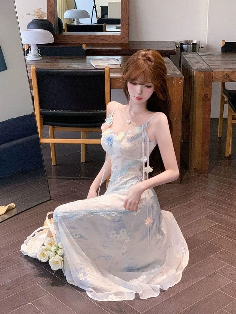 여름 순수한 욕망 바람 드레스 디자인 센스 3 차원 꽃 슈퍼 요정 달콤한 자매 고급 꽃무늬 치마 몸매 가꾸기 디스플레이 농땡이 부리다 롱 스커트
