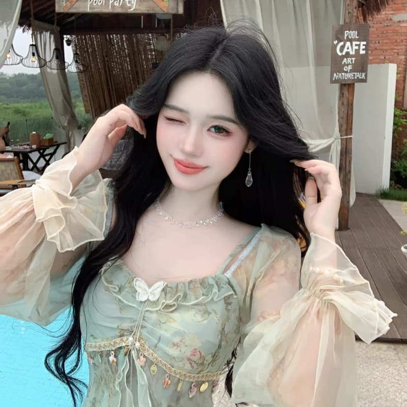 프랑스식 차 휴식 순수한 욕망 바람 공주 롱 스커트 순수한 욕망 요정 가스 회색 헤일로 염색 프릴 흐릿한 미적 감각 여성 드레스 상세 이미지 14