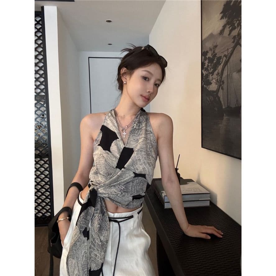 셔틀 제직 그리드 레트로 프린트 십자가 V넥 행침 목 캐미솔 여름 스트랩 몸매 가꾸기 맨위