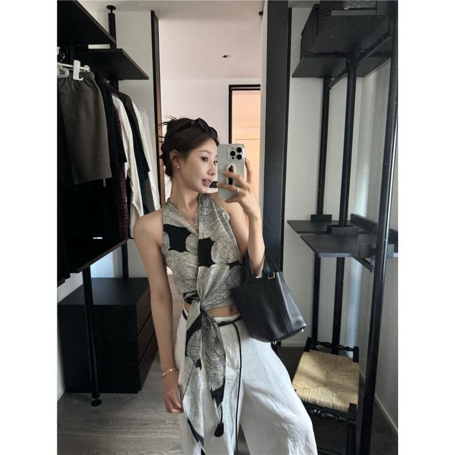 셔틀 제직 그리드 레트로 프린트 십자가 V넥 행침 목 캐미솔 여름 스트랩 몸매 가꾸기 맨위 이미지 3