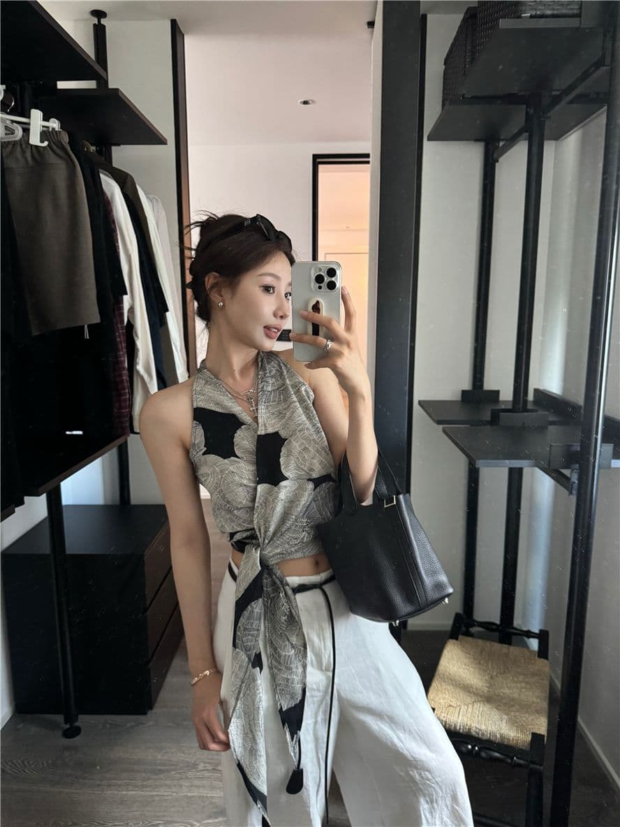 셔틀 제직 그리드 레트로 프린트 십자가 V넥 행침 목 캐미솔 여름 스트랩 몸매 가꾸기 맨위 상세 이미지 8
