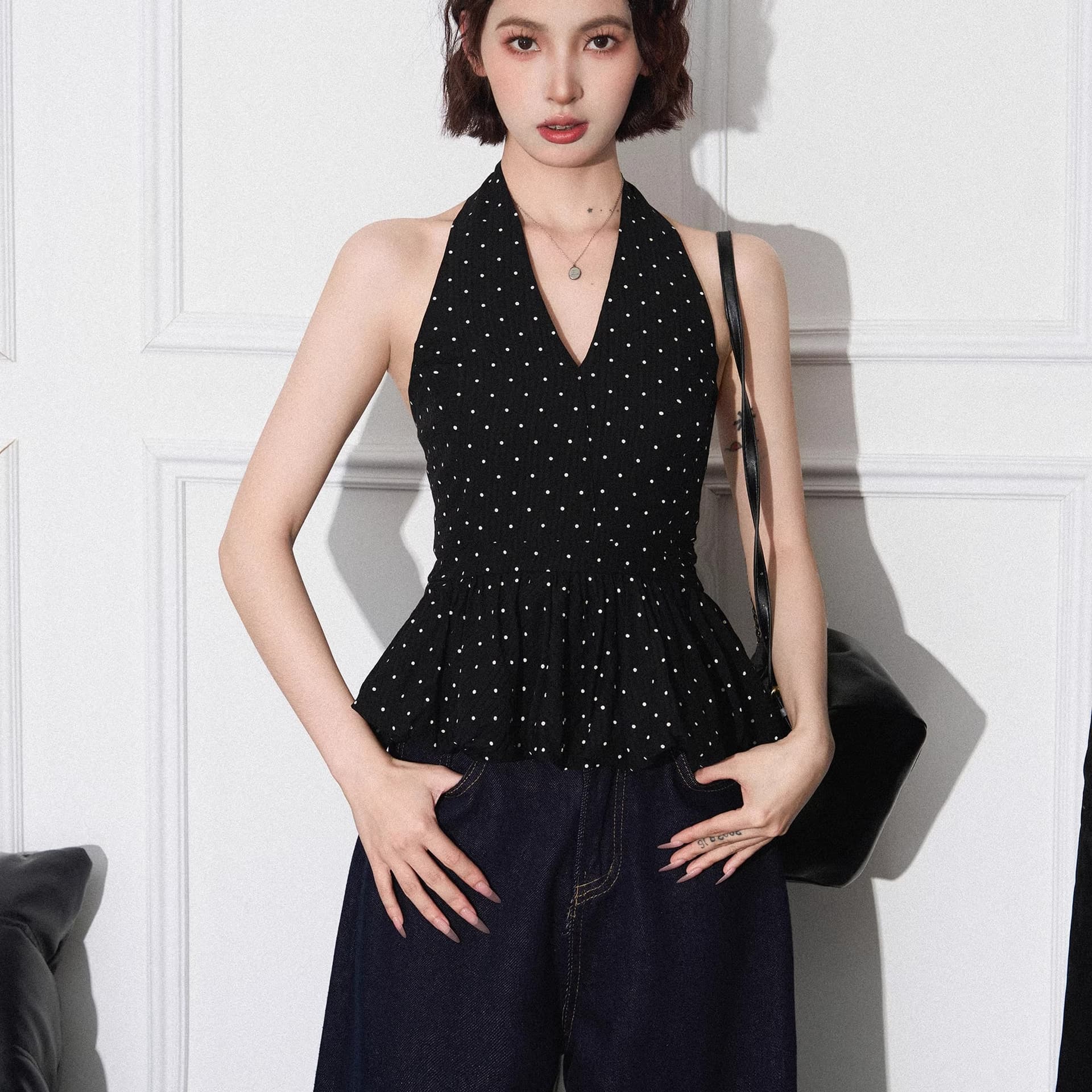 핫걸 바람 행침 목 도트 무늬 민소매 조끼 여성 의류 여름 새로운 V넥 몸매 가꾸기 슬림해 보이는 기본 셔츠 이미지 3