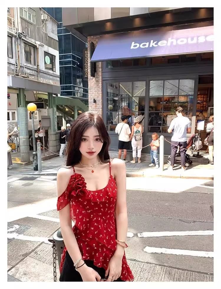 꽃무늬 불규칙 프릴 캐미솔 여름 디자인 센스 허리 수축 몸매 가꾸기 민소매 쉬폰 톱 상세 이미지 8
