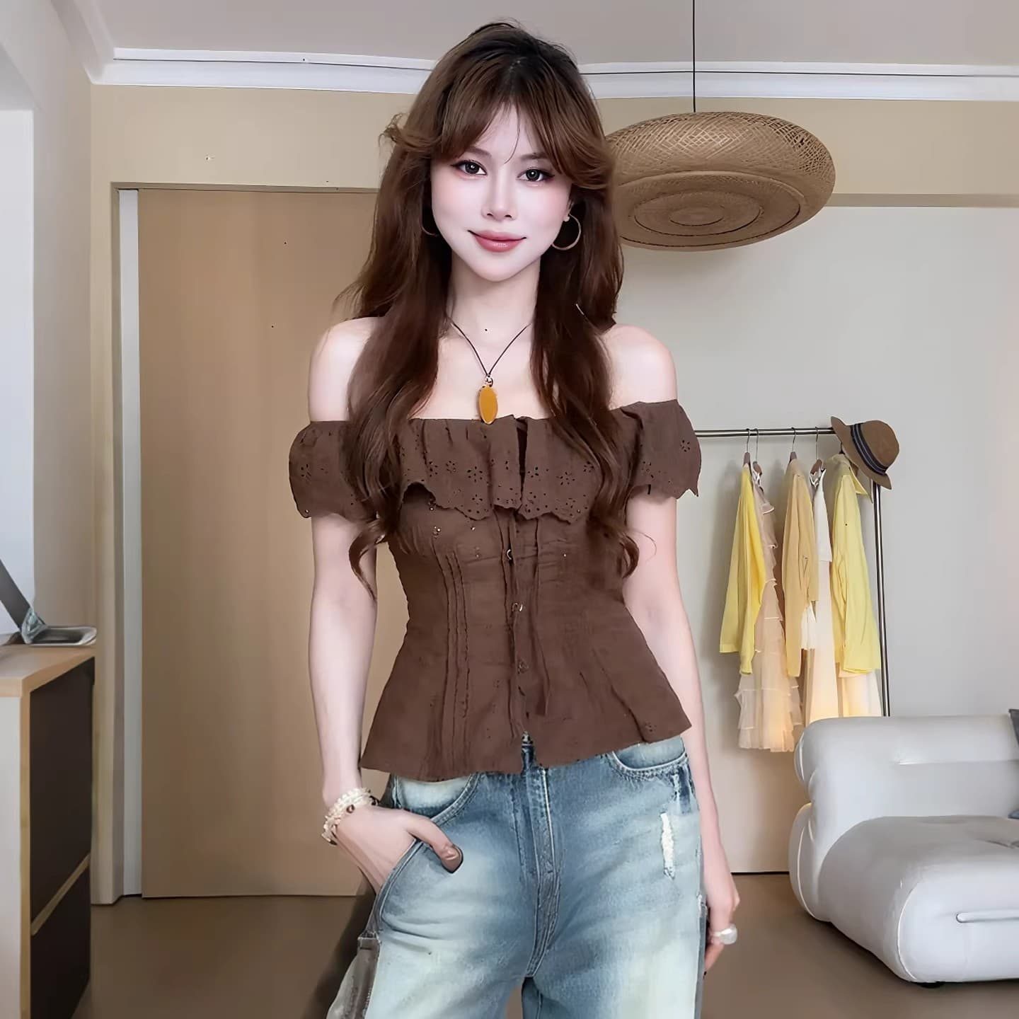 프랑스식 사소한 작은 날다 소매 맨위 여성 여름 슈퍼 잘 생긴 민소매 작은 셔츠 오프숄더 레이스 조각 커피 색상 셔츠 이미지 5