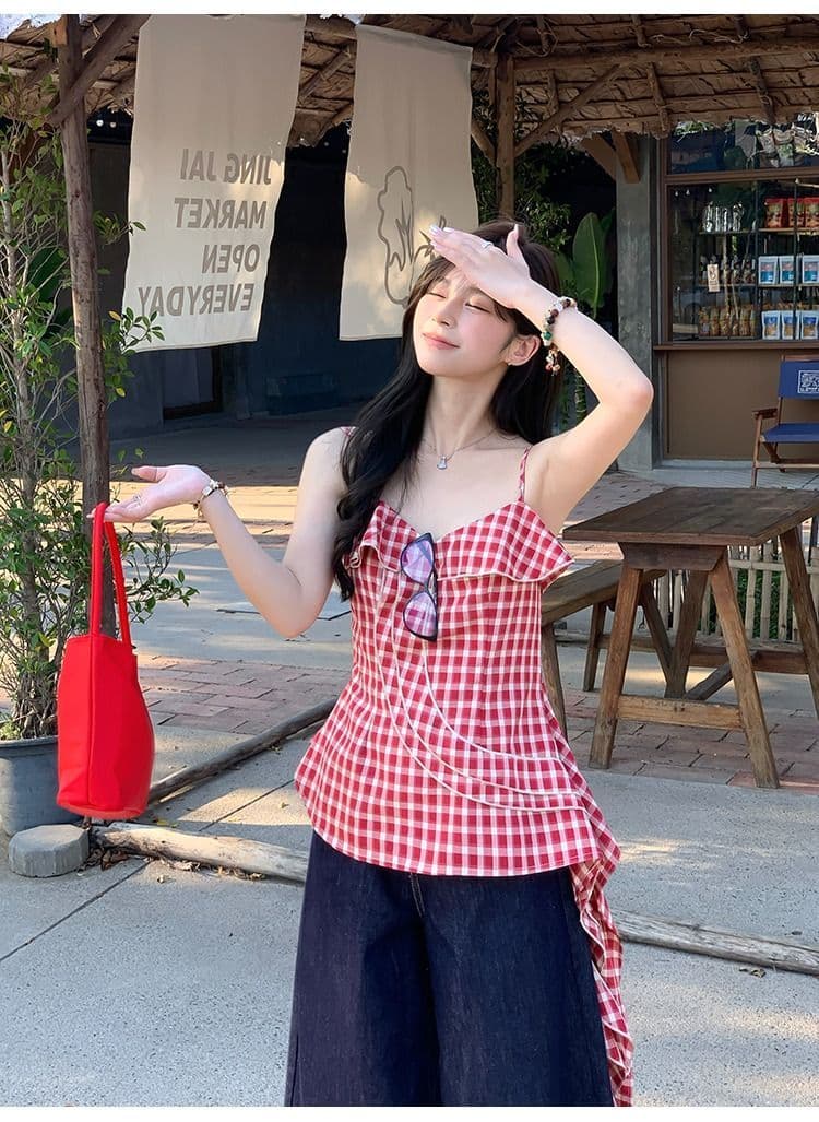 원본 컬러 짜임 그리드 빨간색 체크무늬 불규칙 슬립 맨위 여름 허리 수축 디자인 센스 쇼트 스타일 조끼 여성 상세 이미지 6