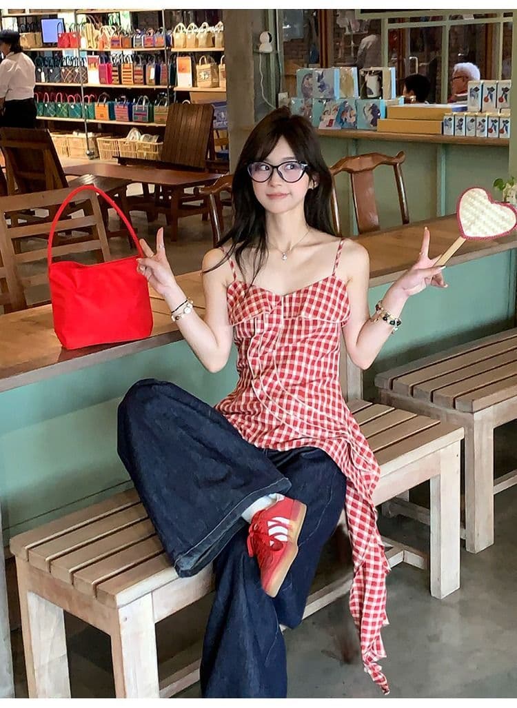 원본 컬러 짜임 그리드 빨간색 체크무늬 불규칙 슬립 맨위 여름 허리 수축 디자인 센스 쇼트 스타일 조끼 여성 상세 이미지 9