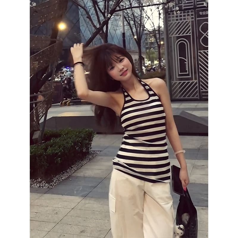 원본 것 핫걸 스트라이프 행침 목 캐미솔 여름 외출용 백리스 u 칼라 중간 길이 맨위 이미지 5