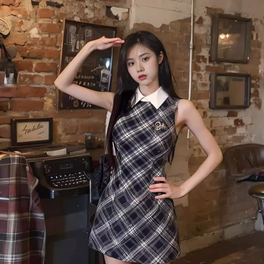 학원 스타일 체크무늬 민소매 여성 드레스 2026 여름 새로운 POLO 칼라 허리 수축 한 마디 미니 스커트 품격 치마