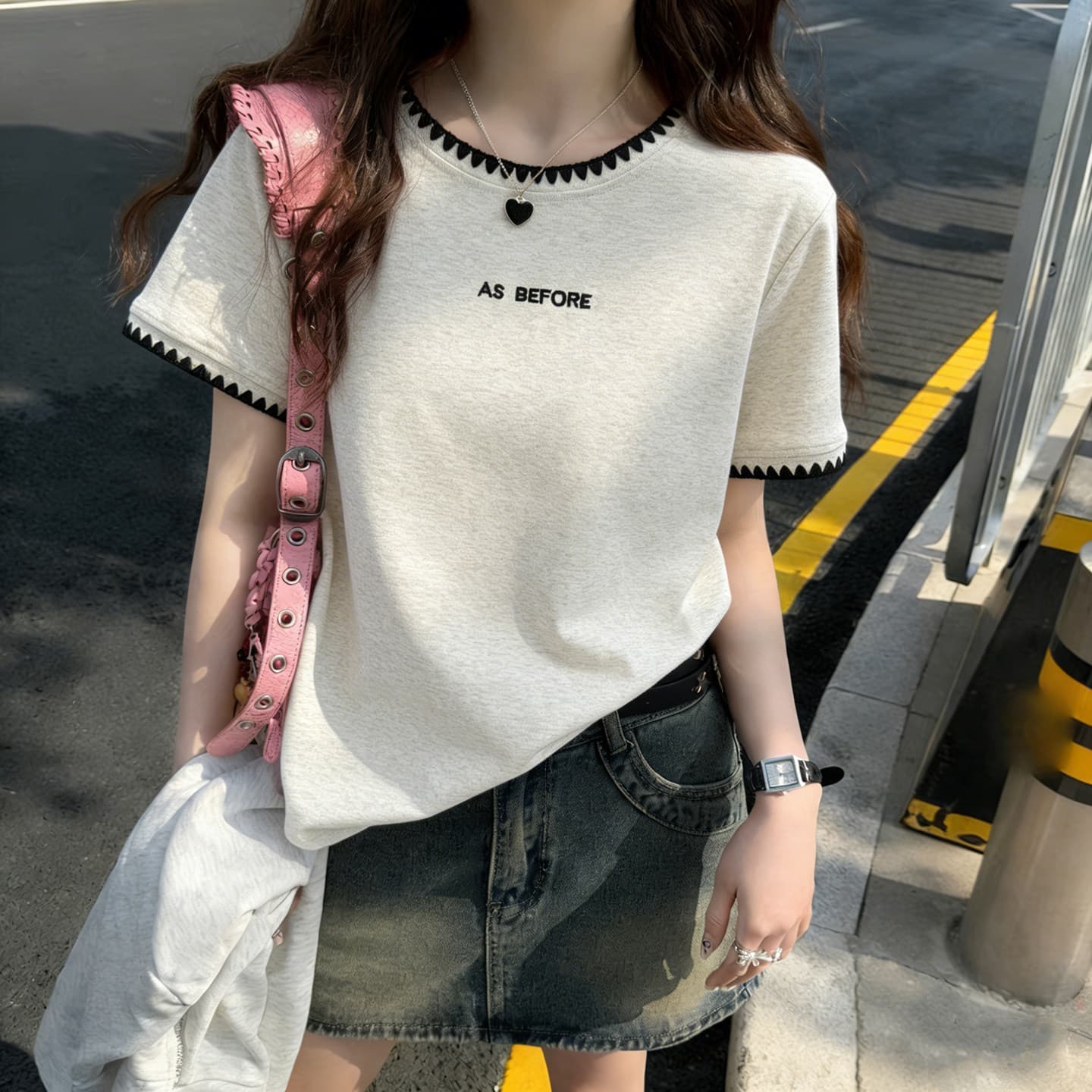 순면 리브 여름 알파벳 자수 반팔 티셔츠 여성 루즈핏 슬림해 보이는 한국 스타일 기본 셔츠 인사이드 가져 가라. 반소매 맨위 상세 이미지 2