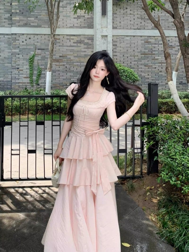 2026 여름 프랑스식 광장 칼라 계층의 감각 공주 케이크 드레스 품격 허리 수축 핀치 Pleat 드레스 이미지 4