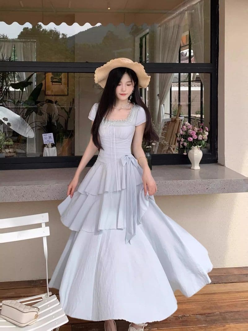 2026 여름 프랑스식 광장 칼라 계층의 감각 공주 케이크 드레스 품격 허리 수축 핀치 Pleat 드레스 상세 이미지 5