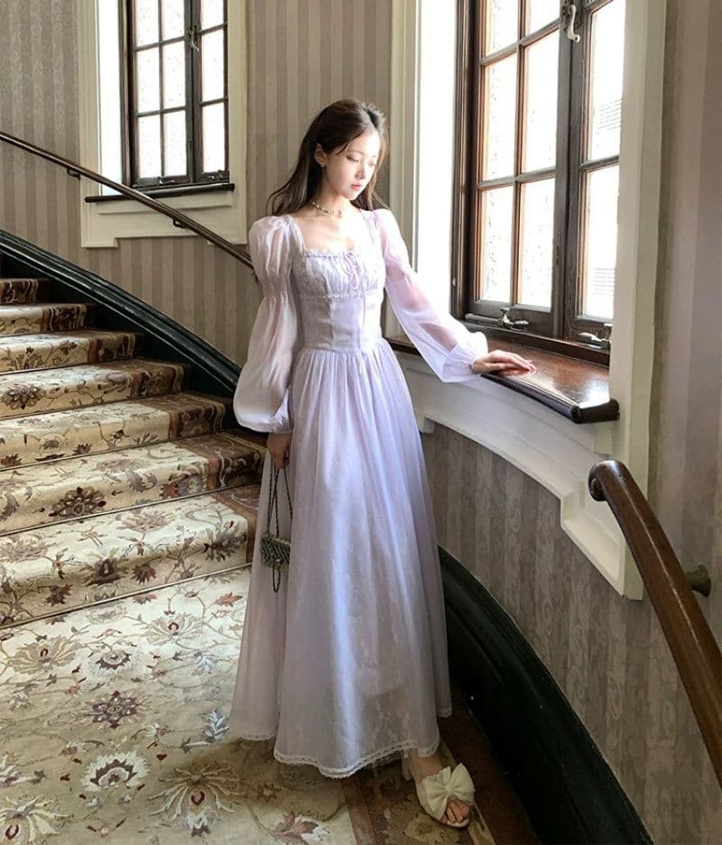 신선함 보라색 롱 코트 광장 칼라 긴팔 여성 드레스 여름 프랑스식 레트로 천 금빛 바람 품격 허리 수축 치마 이미지 2