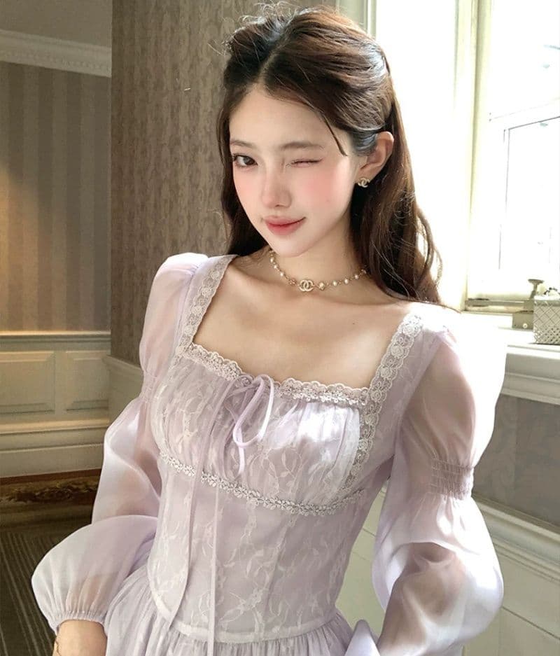 신선함 보라색 롱 코트 광장 칼라 긴팔 여성 드레스 여름 프랑스식 레트로 천 금빛 바람 품격 허리 수축 치마 이미지 4