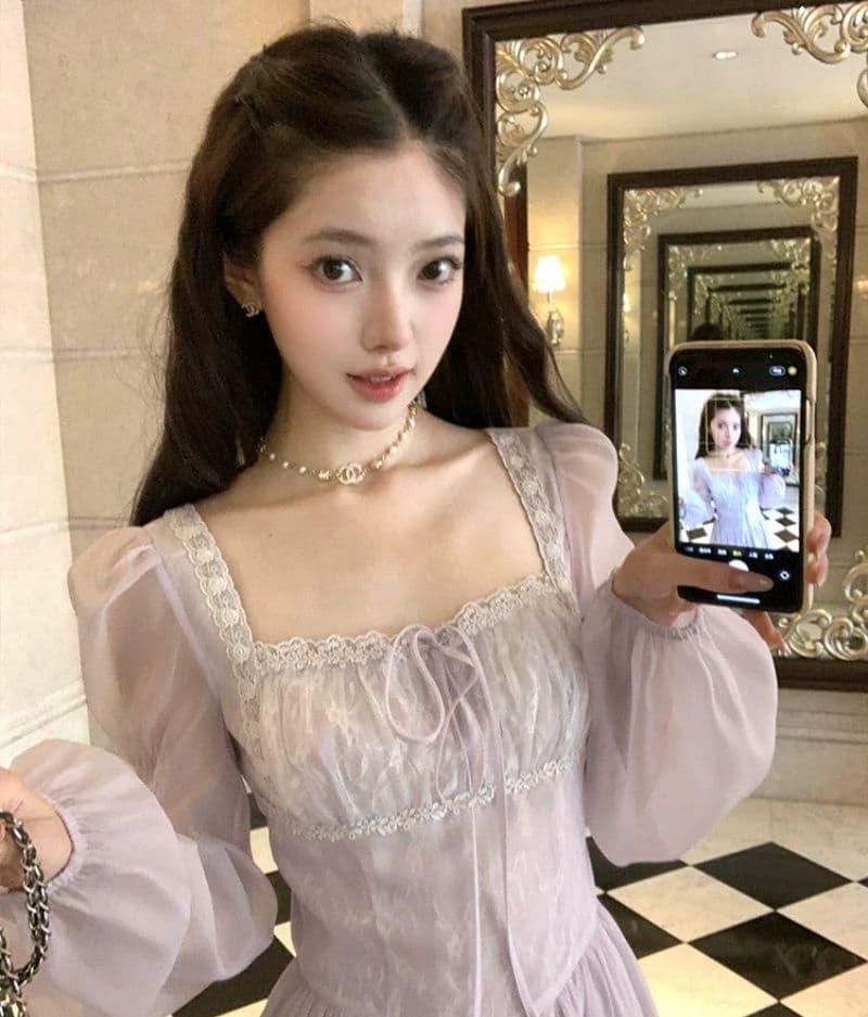 신선함 보라색 롱 코트 광장 칼라 긴팔 여성 드레스 여름 프랑스식 레트로 천 금빛 바람 품격 허리 수축 치마 이미지 3