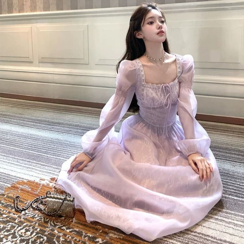 신선함 보라색 롱 코트 광장 칼라 긴팔 여성 드레스 여름 프랑스식 레트로 천 금빛 바람 품격 허리 수축 치마 이미지 5