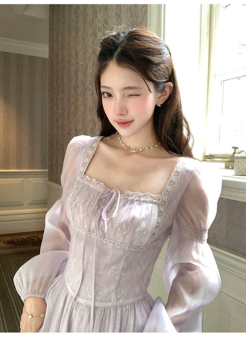 신선함 보라색 롱 코트 광장 칼라 긴팔 여성 드레스 여름 프랑스식 레트로 천 금빛 바람 품격 허리 수축 치마 상세 이미지 3