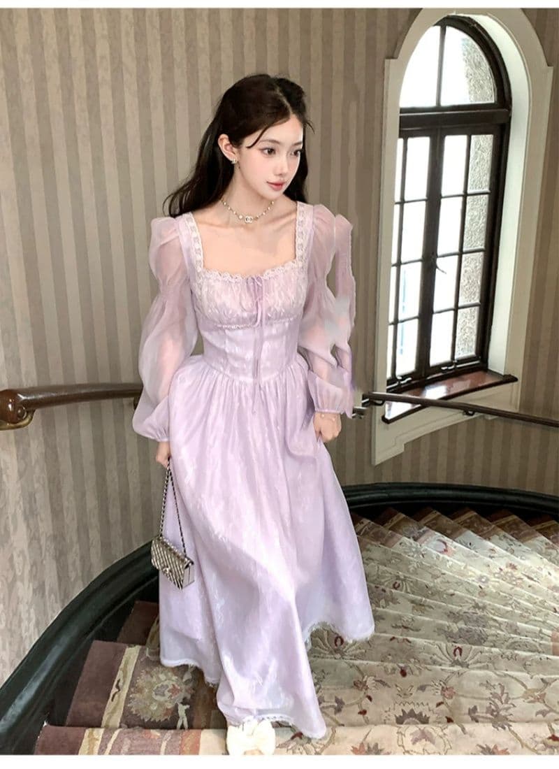 신선함 보라색 롱 코트 광장 칼라 긴팔 여성 드레스 여름 프랑스식 레트로 천 금빛 바람 품격 허리 수축 치마 상세 이미지 4