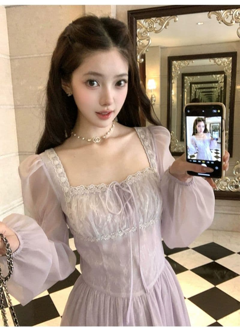 신선함 보라색 롱 코트 광장 칼라 긴팔 여성 드레스 여름 프랑스식 레트로 천 금빛 바람 품격 허리 수축 치마 상세 이미지 5