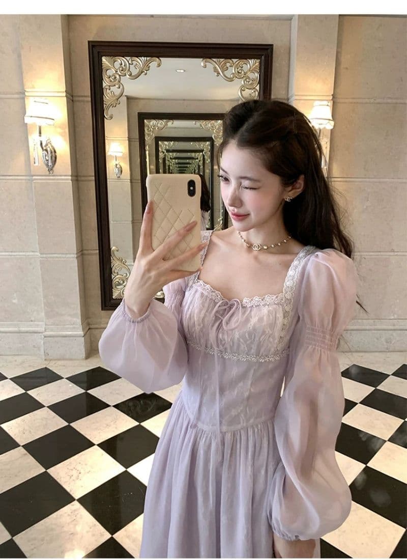 신선함 보라색 롱 코트 광장 칼라 긴팔 여성 드레스 여름 프랑스식 레트로 천 금빛 바람 품격 허리 수축 치마 상세 이미지 6