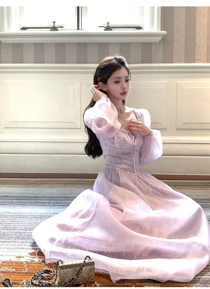 신선함 보라색 롱 코트 광장 칼라 긴팔 여성 드레스 여름 프랑스식 레트로 천 금빛 바람 품격 허리 수축 치마 상세 이미지 7