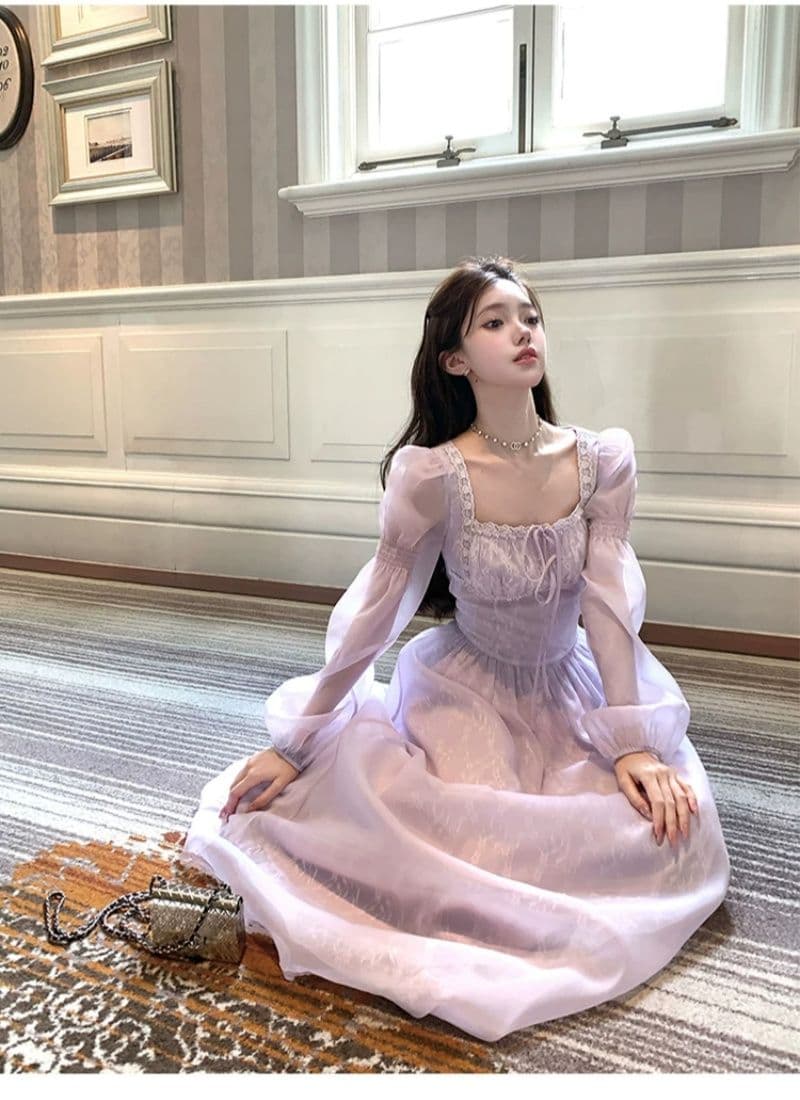 신선함 보라색 롱 코트 광장 칼라 긴팔 여성 드레스 여름 프랑스식 레트로 천 금빛 바람 품격 허리 수축 치마 상세 이미지 8