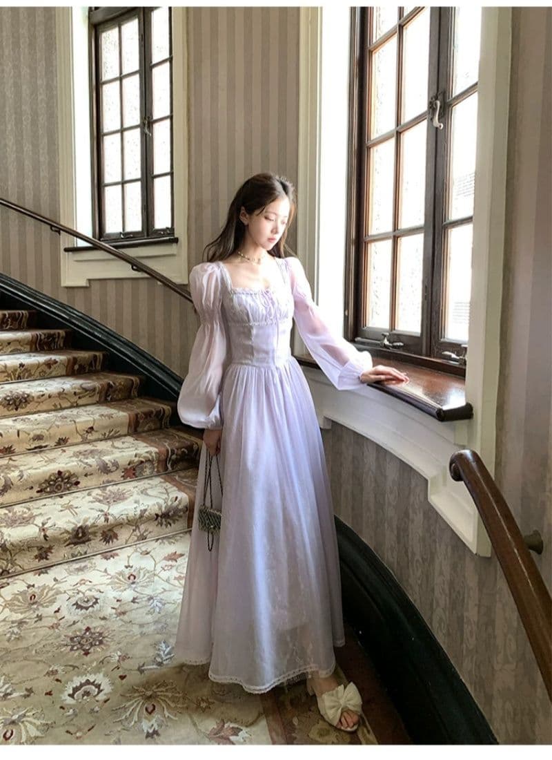 신선함 보라색 롱 코트 광장 칼라 긴팔 여성 드레스 여름 프랑스식 레트로 천 금빛 바람 품격 허리 수축 치마 상세 이미지 9