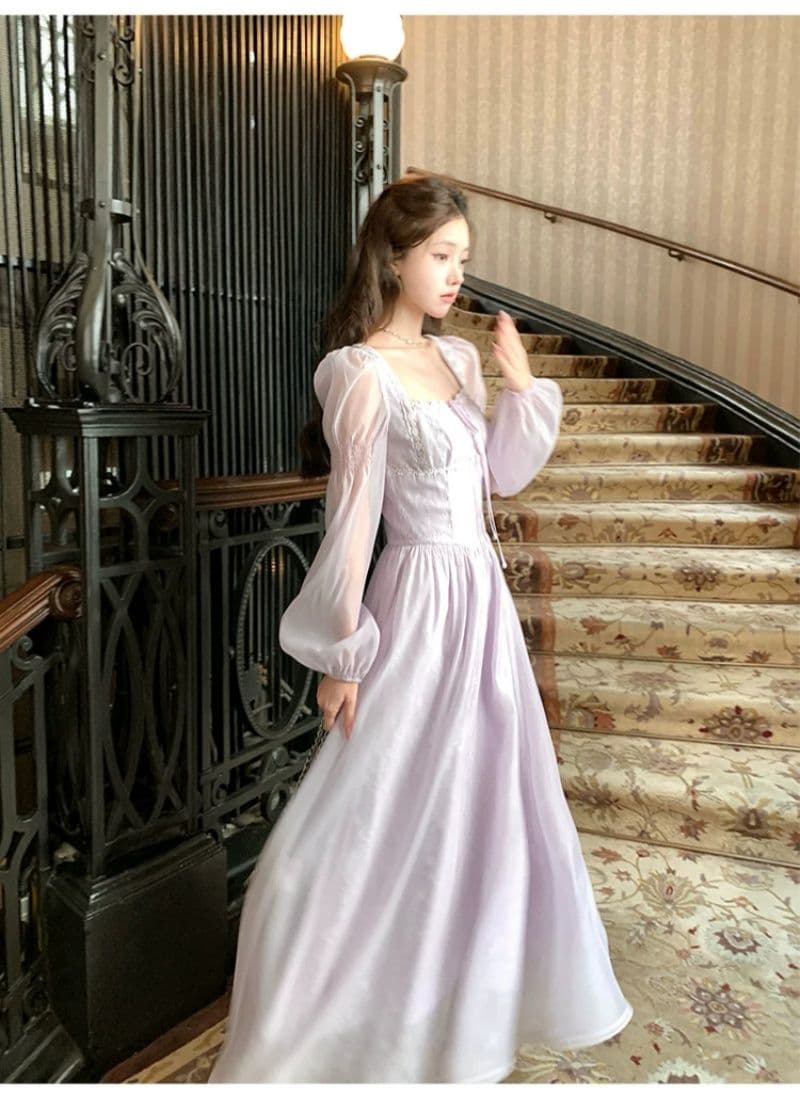 신선함 보라색 롱 코트 광장 칼라 긴팔 여성 드레스 여름 프랑스식 레트로 천 금빛 바람 품격 허리 수축 치마 상세 이미지 10