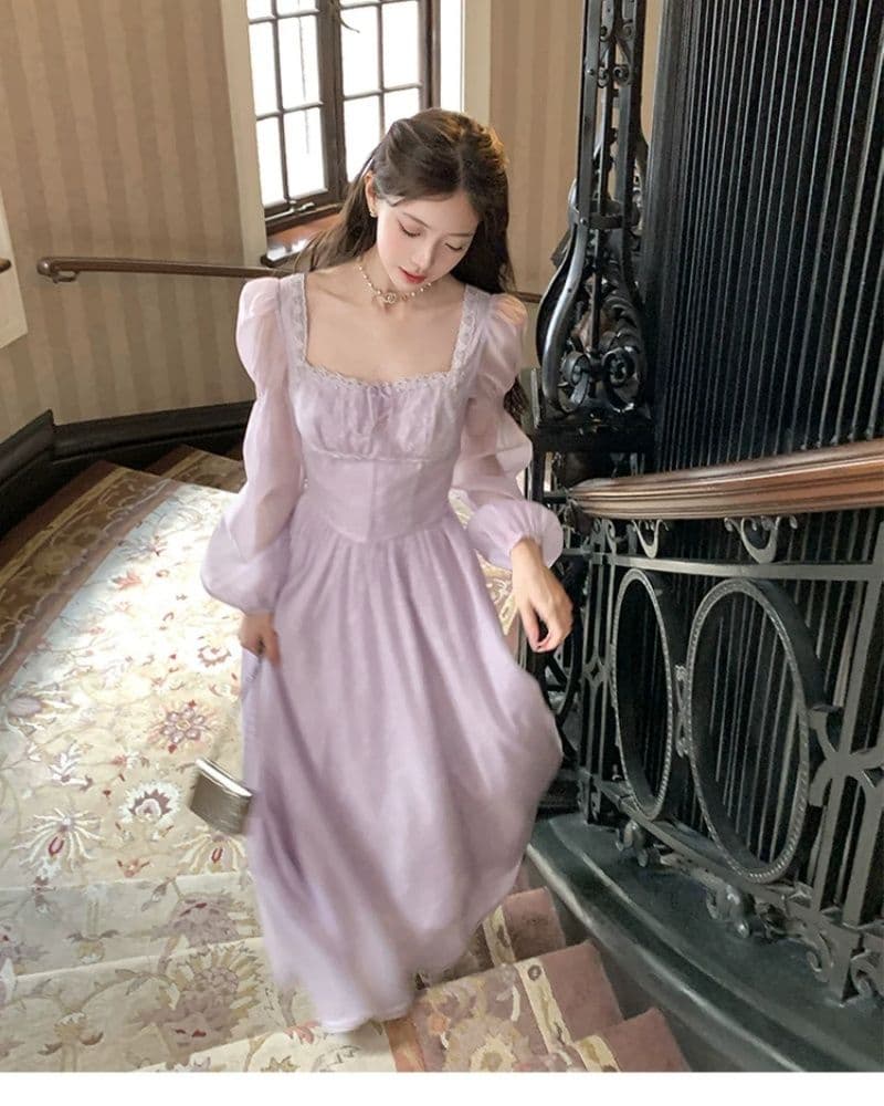신선함 보라색 롱 코트 광장 칼라 긴팔 여성 드레스 여름 프랑스식 레트로 천 금빛 바람 품격 허리 수축 치마 상세 이미지 11