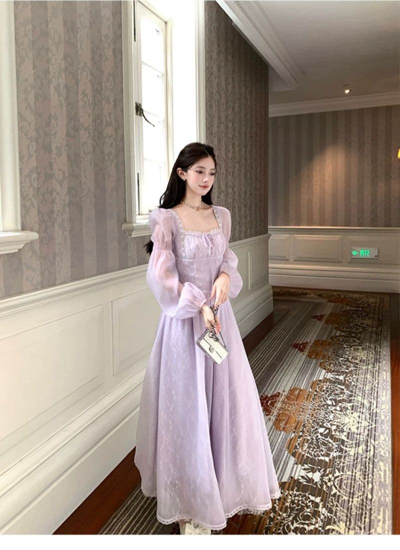 신선함 보라색 롱 코트 광장 칼라 긴팔 여성 드레스 여름 프랑스식 레트로 천 금빛 바람 품격 허리 수축 치마 상세 이미지 13