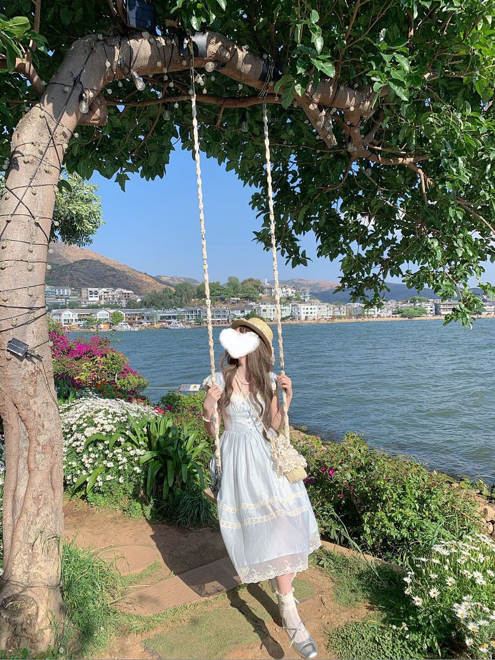 프랑스식 레트로 요정 가스 작은 날다 소매 레이스 측면 나비 매듭 파란색 드레스 여자 학생 여름 허리 수축 A라인 스커트 상세 이미지 2