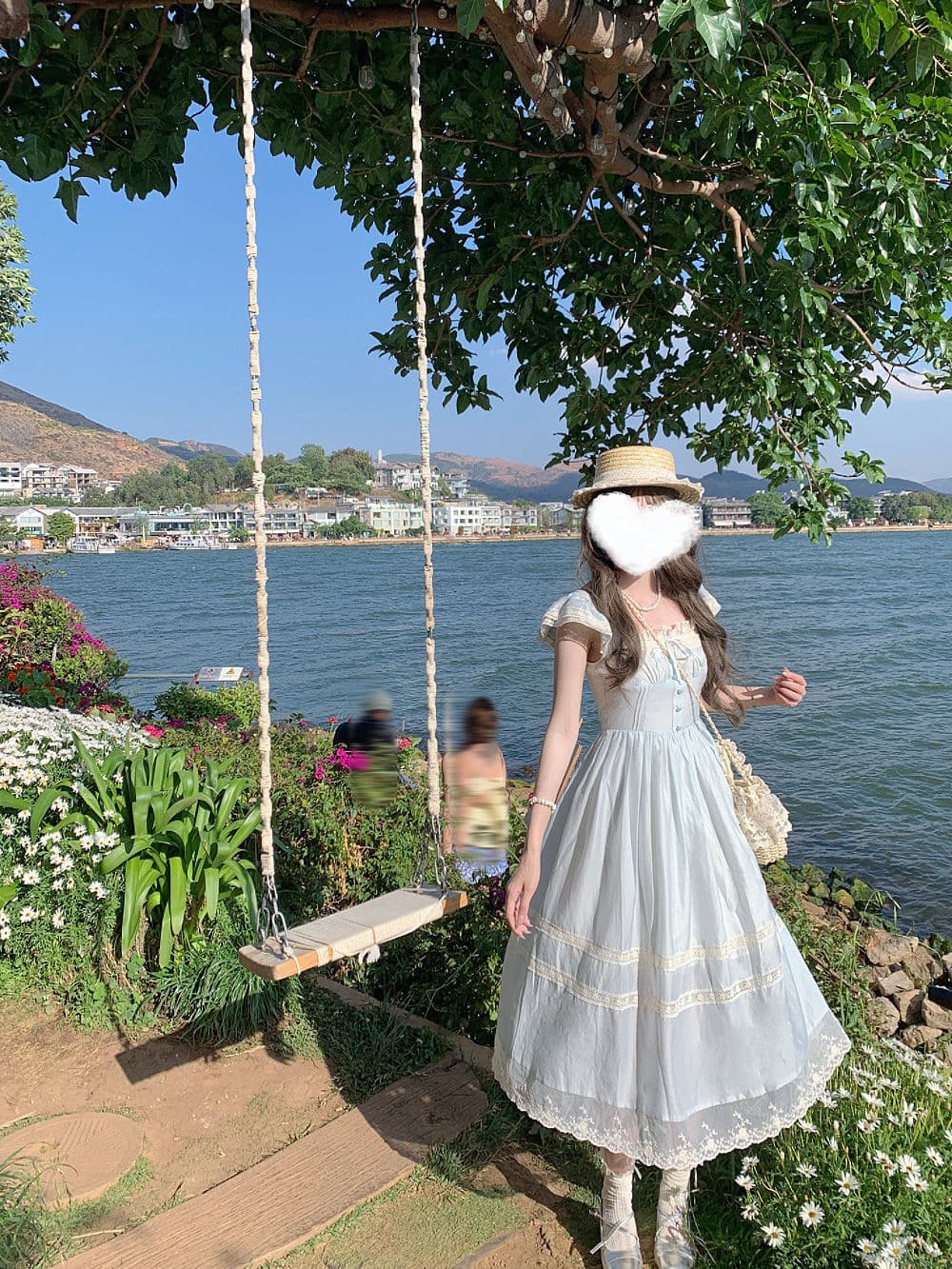 프랑스식 레트로 요정 가스 작은 날다 소매 레이스 측면 나비 매듭 파란색 드레스 여자 학생 여름 허리 수축 A라인 스커트 상세 이미지 8